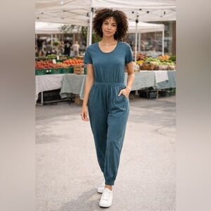 Pact Blue Short Sleeve Organic Cotton Jumpsuit Size M Casual Lounge Sustainable